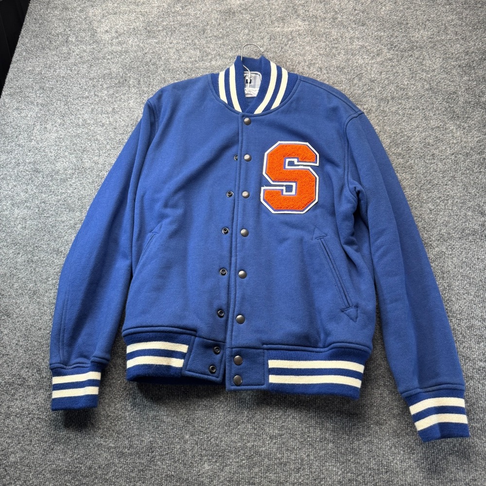American Apparel Varsity Jacket L Blue Sweatshirt Fleece Orange S Patch USA